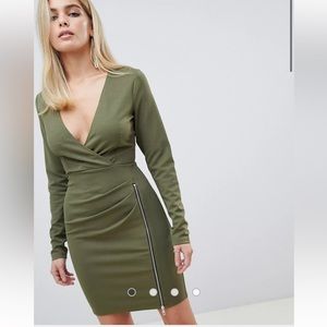 ASOS Khaki Long Sleeve Dress with V-Neck